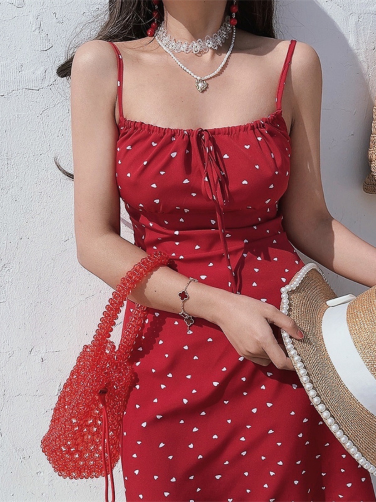 Handmade 2025 Spring/Summer Red Polka Dot French Square Neck Tie Bow Vacation Sling Dress for Women - Y2K Style