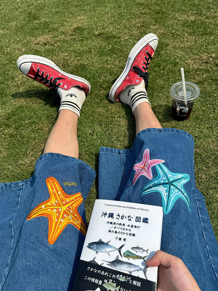 Handmade American Retro Star Embroidery Denim Capris - Summer Unisex Loose Straight Shorts for a Vintage 90s Look