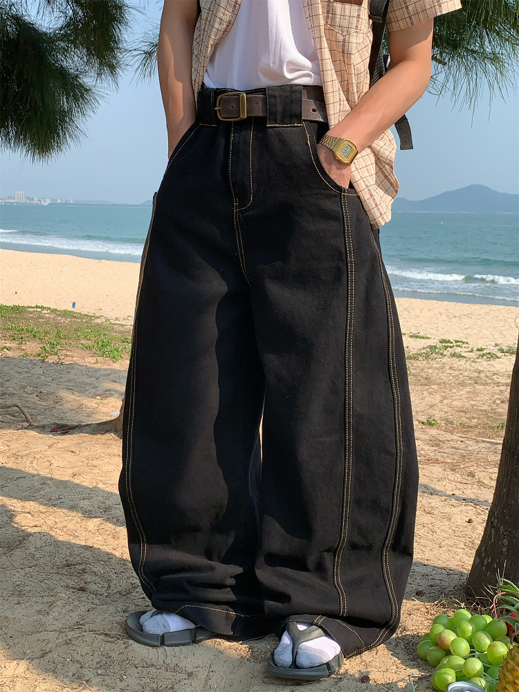 Handmade American Vintage Black Loose Straight Leg Cowboy Pants for Men and Women | 90s Inspired High-Quality Fashion Bottoms
