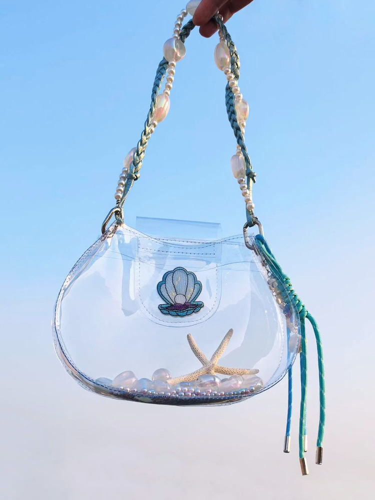 Handmade Beaded Transparent Fish Tank Bag - Cute Summer Underarm Crossbody Bag for Unique Niche Style