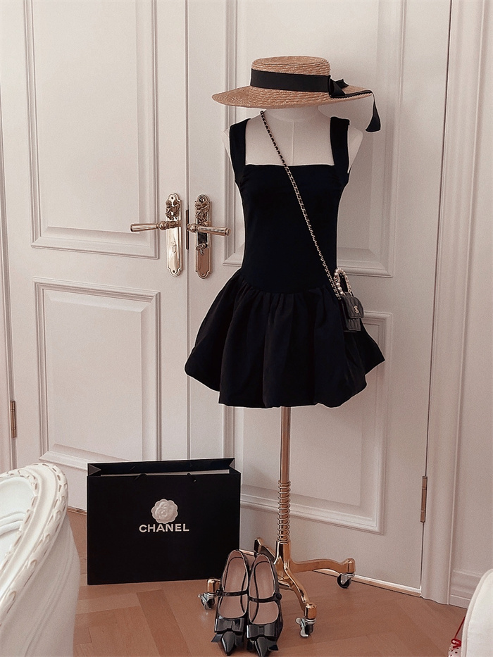 Handmade Black Slip Dress with Wide Shoulder Straps, Square Neckline, Waist-Cinching Design - Vacation Style, Slimming Fit