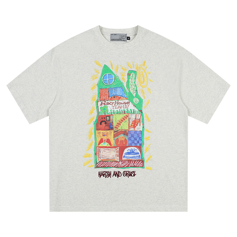 Handmade Children's Crayon Doodle House T-Shirt - Loose Fit, National Trend, Vintage Style, Perfect for Couples