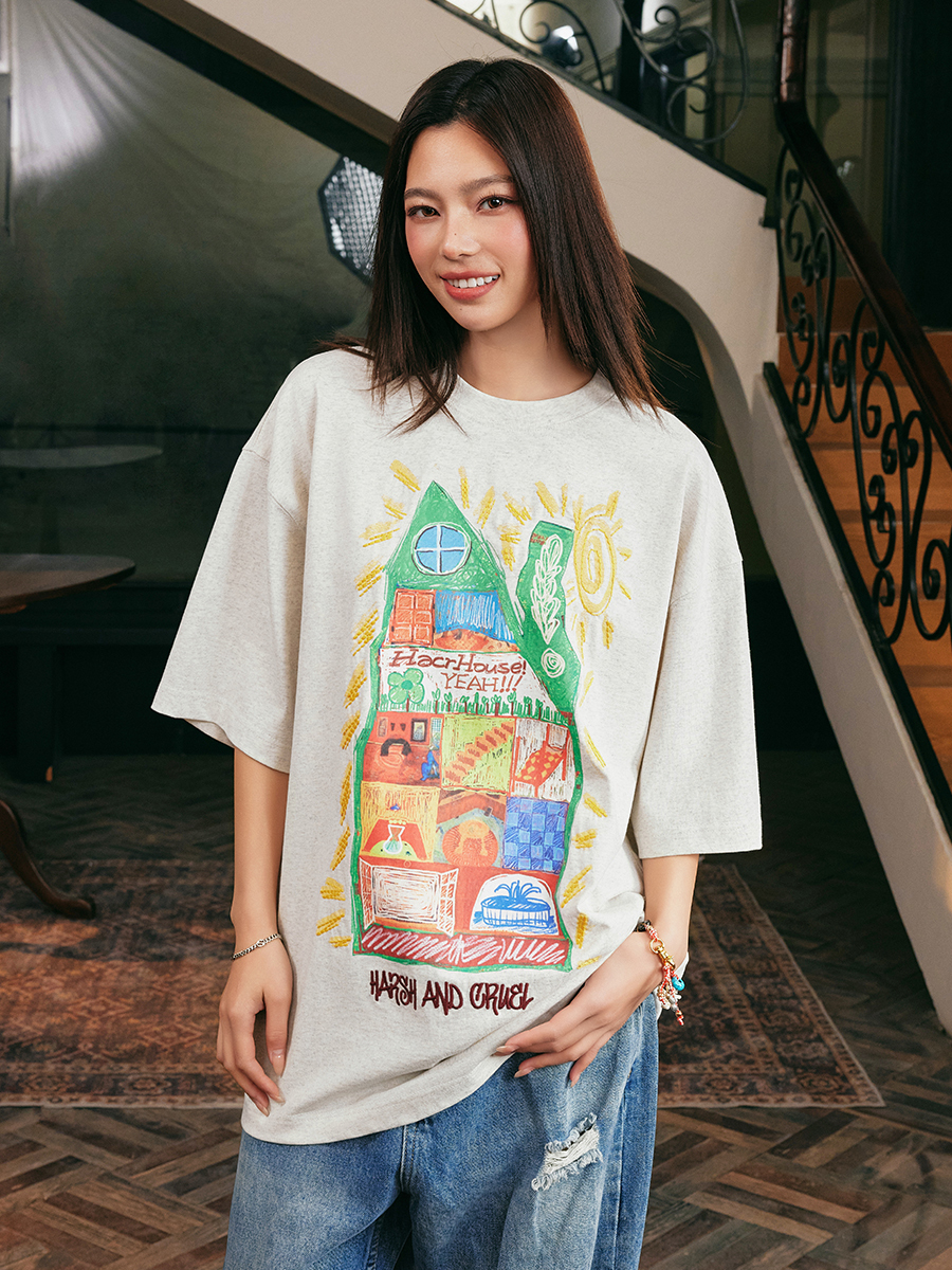 Handmade Children's Crayon Doodle House T-Shirt - Loose Fit, National Trend, Vintage Style, Perfect for Couples