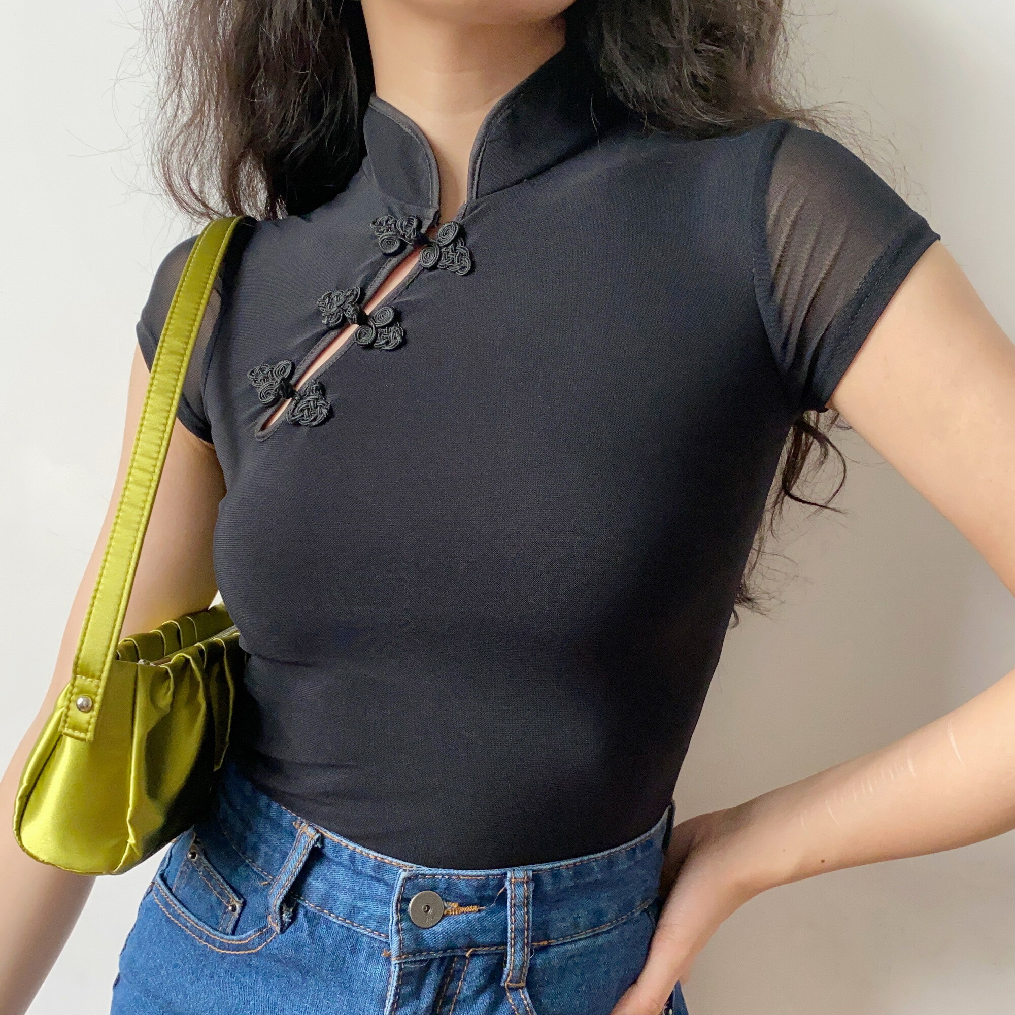 Handmade Chinese Style Qipao Top for Women, Retro Doll Button Design, Improved Short Sleeve Mesh, Vintage Chic Fashion
