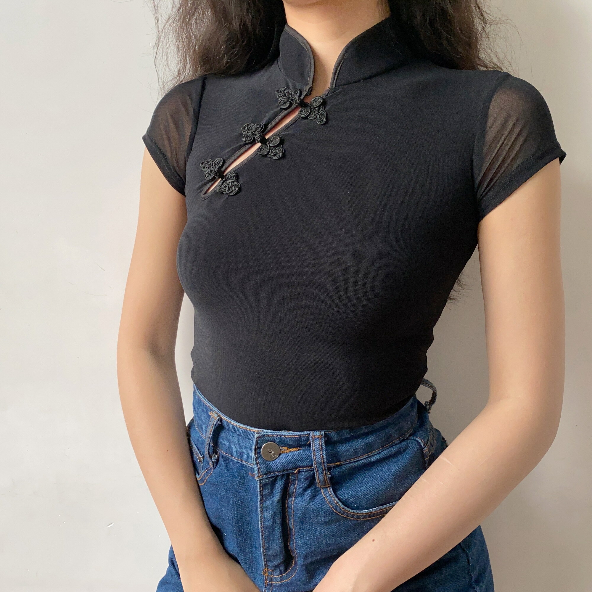 Handmade Chinese Style Qipao Top for Women, Retro Doll Button Design, Improved Short Sleeve Mesh, Vintage Chic Fashion