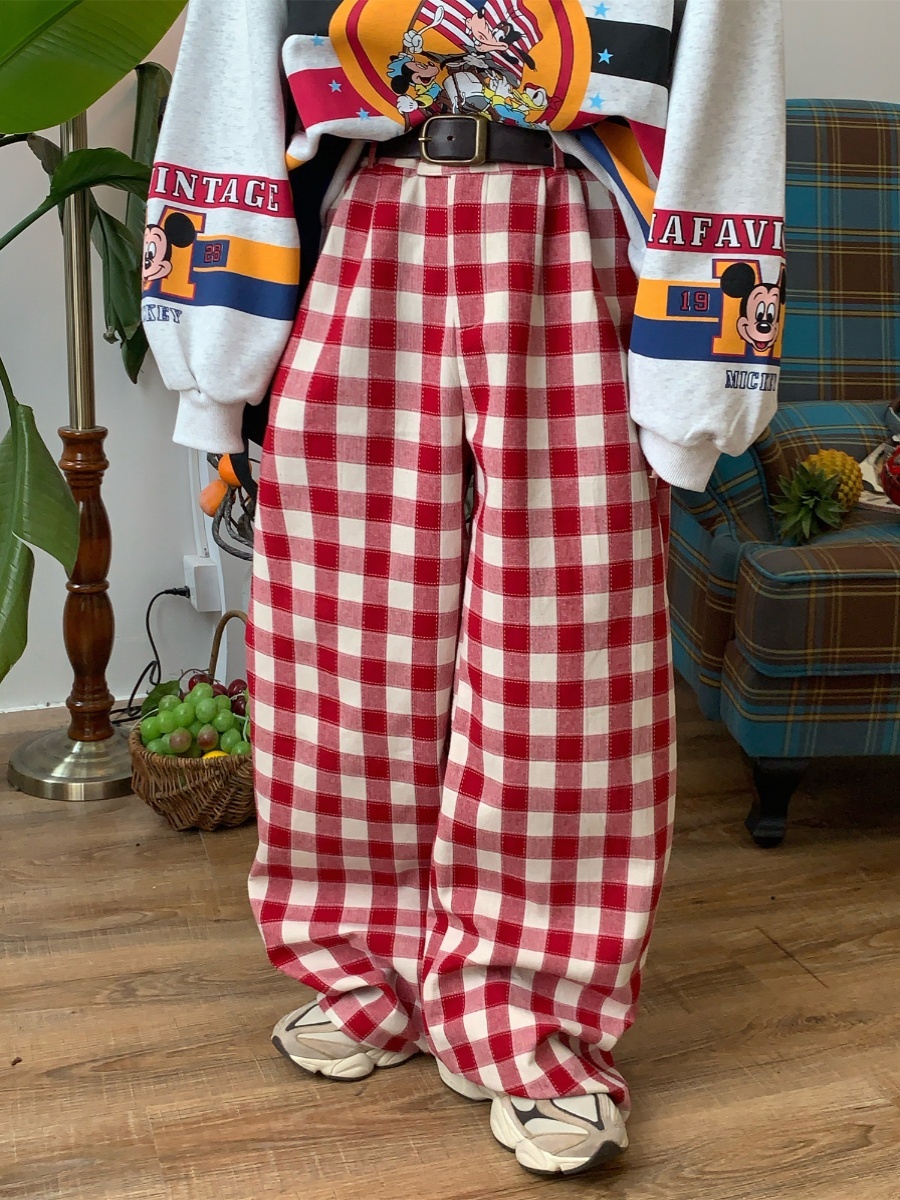 Handmade Color-Block Red Plaid Casual Wide-Leg Pants for Women - Vintage Inspired Loose Straight-Leg Floor-Length Trousers