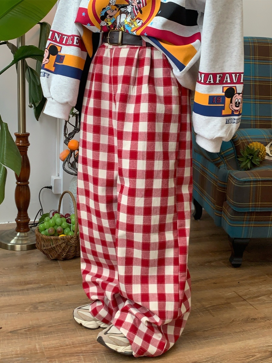 Handmade Color-Block Red Plaid Casual Wide-Leg Pants for Women - Vintage Inspired Loose Straight-Leg Floor-Length Trousers