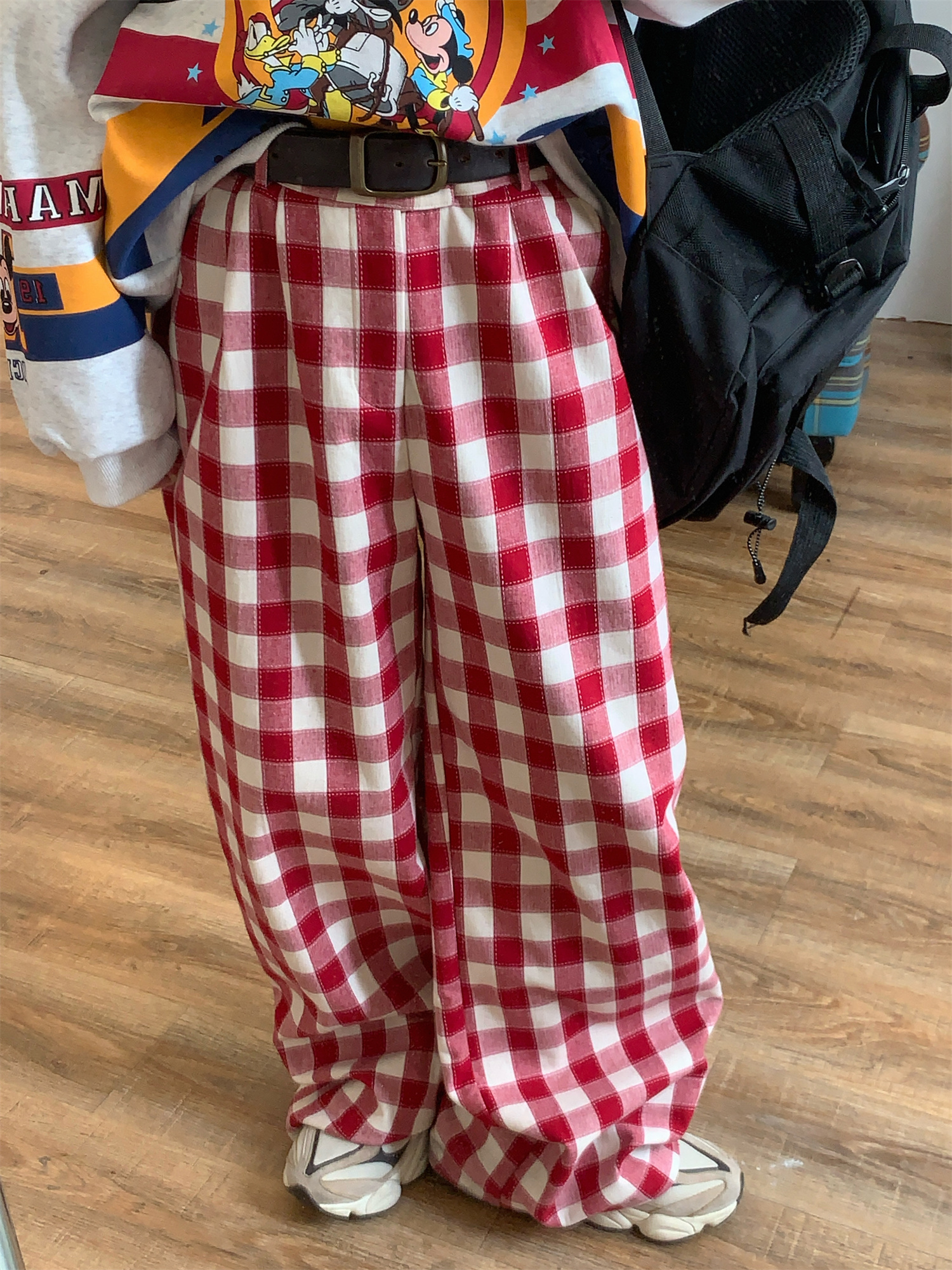 Handmade Color-Block Red Plaid Casual Wide-Leg Pants for Women - Vintage Inspired Loose Straight-Leg Floor-Length Trousers