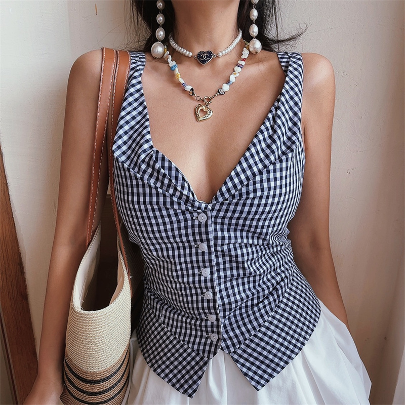 Handmade Deep V Checkered Slim-Fit Sleeveless Vacation Top - 2025 Spring/Summer Australia Style