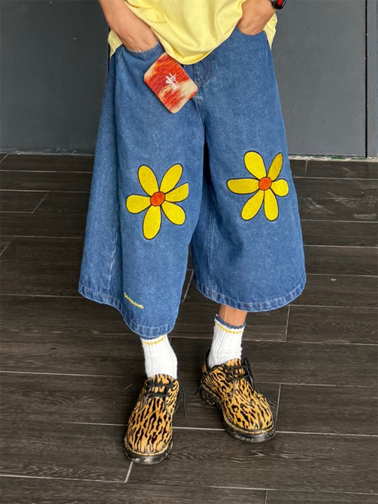 Handmade Floral Embroidery Denim Shorts for Men and Women, Straight-Leg Wide-Leg Casual Summer Capris, Y2K Style
