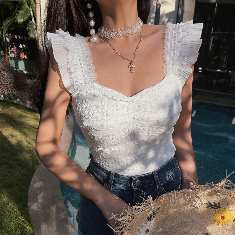 Handmade French Lace Flutter Sleeve Camisole Top for Women - Sweet Fairy Style, Elastic Fit, Perfect for Romantic Looks