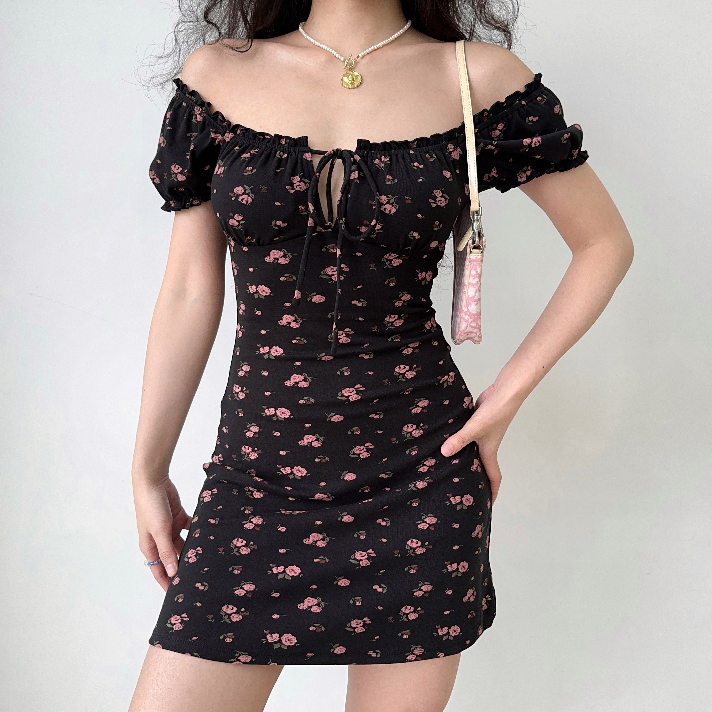 Handmade French Vintage Floral Dress for Women - Hollow-Out Tie-Up Square Neck, Puff Sleeves, Short Skirt, Summer Style