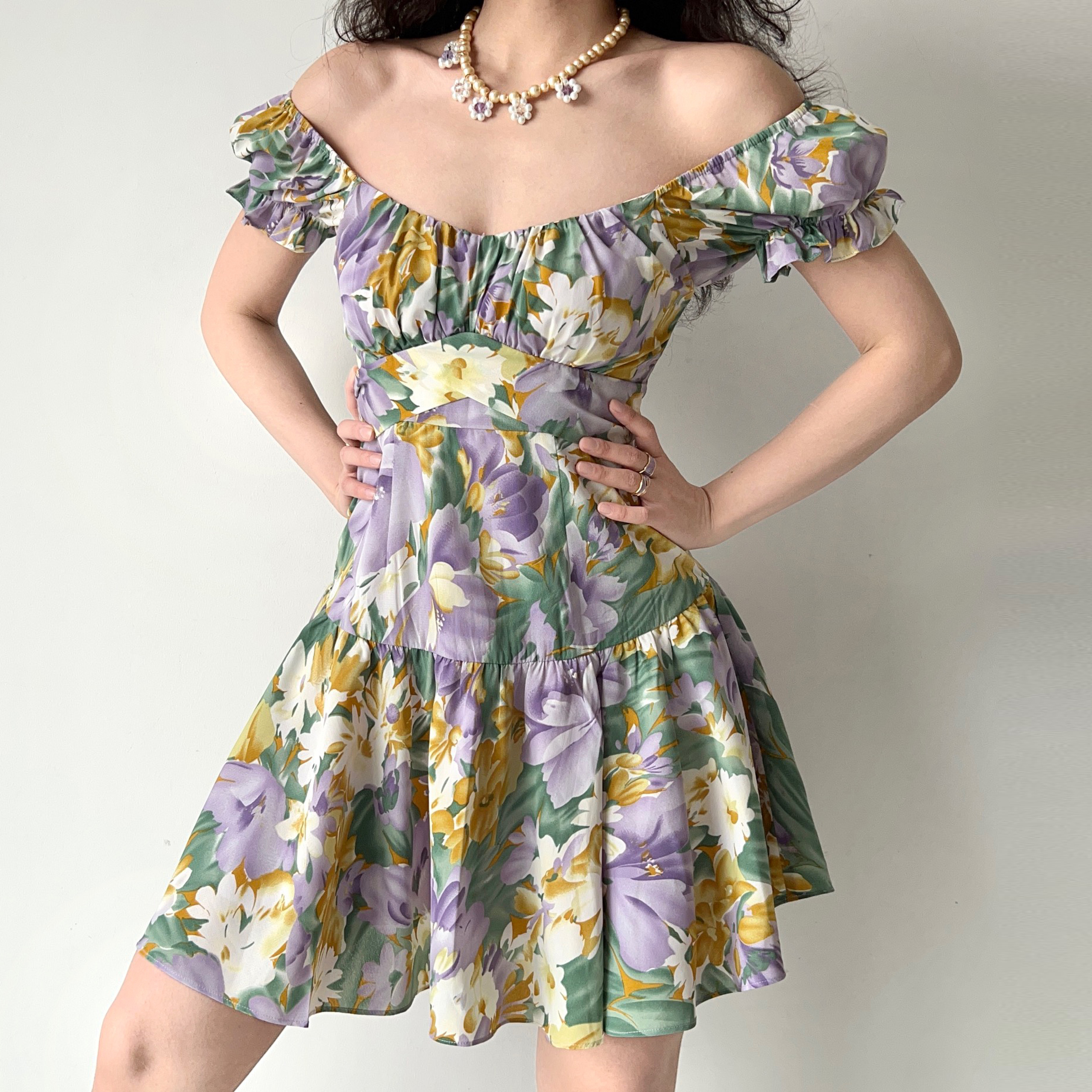 Handmade French Vintage Floral Puff Sleeve Short Sleeve Dress with Back Tie - Chic Women’s Short Skirt for Y2K Style