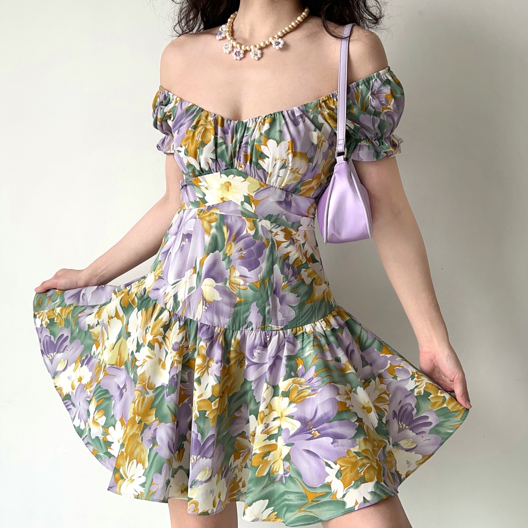 Handmade French Vintage Floral Puff Sleeve Short Sleeve Dress with Back Tie - Chic Women’s Short Skirt for Y2K Style
