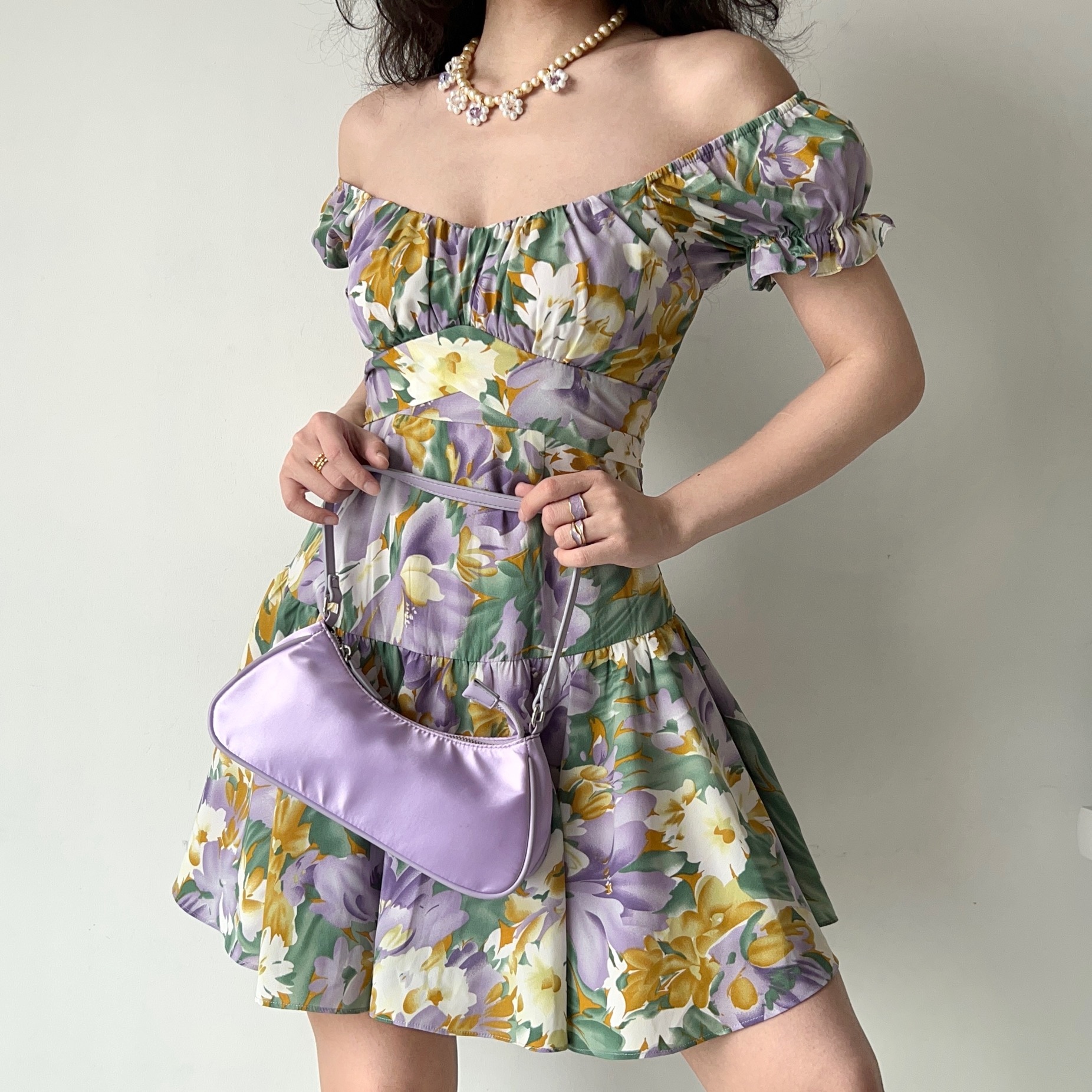 Handmade French Vintage Floral Puff Sleeve Short Sleeve Dress with Back Tie - Chic Women’s Short Skirt for Y2K Style