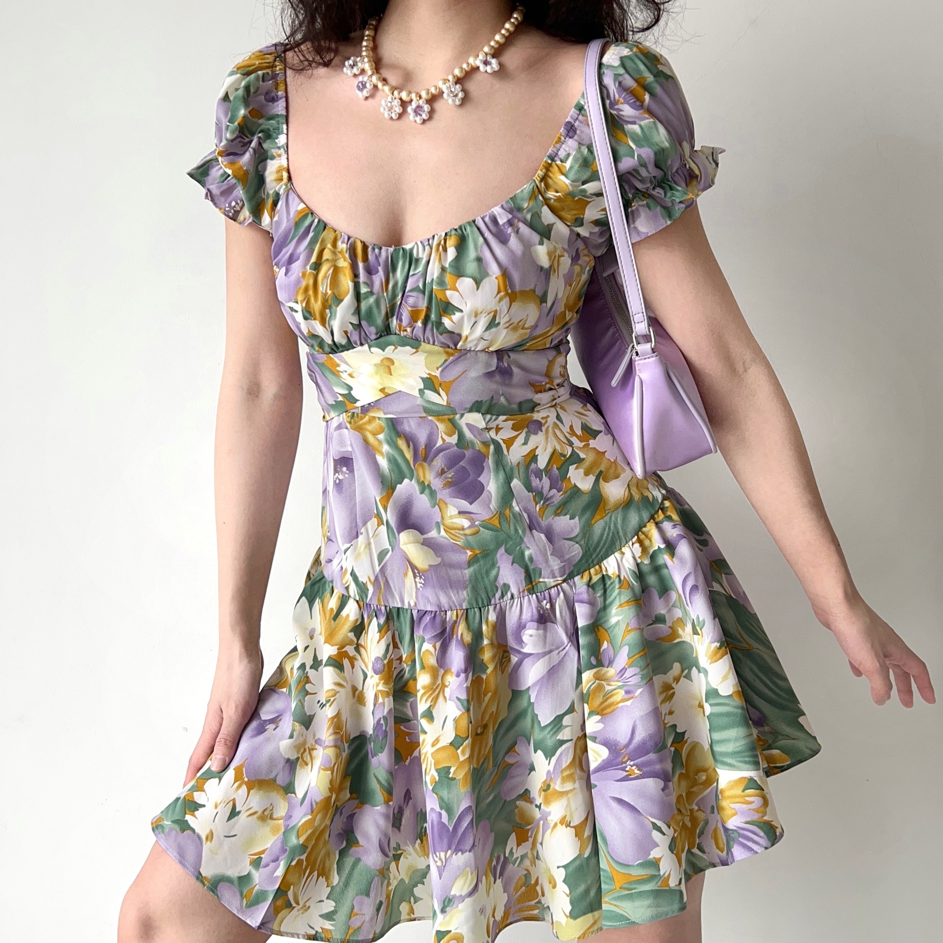 Handmade French Vintage Floral Puff Sleeve Short Sleeve Dress with Back Tie - Chic Women’s Short Skirt for Y2K Style