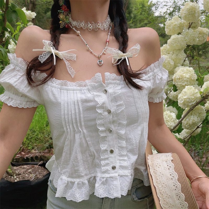 Handmade One-Shoulder White Blouse with Puff Sleeves and Lotus Leaf Design for Vacation, Boho Style
