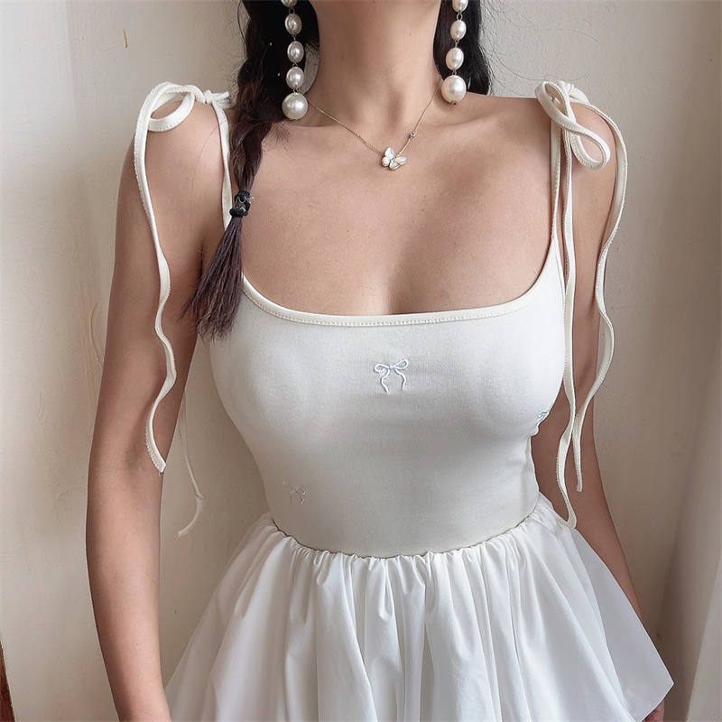 Handmade Retro Bow Embroidery Camisole for Girls - Versatile Spring & Summer Ballet Style with Elastic Straps