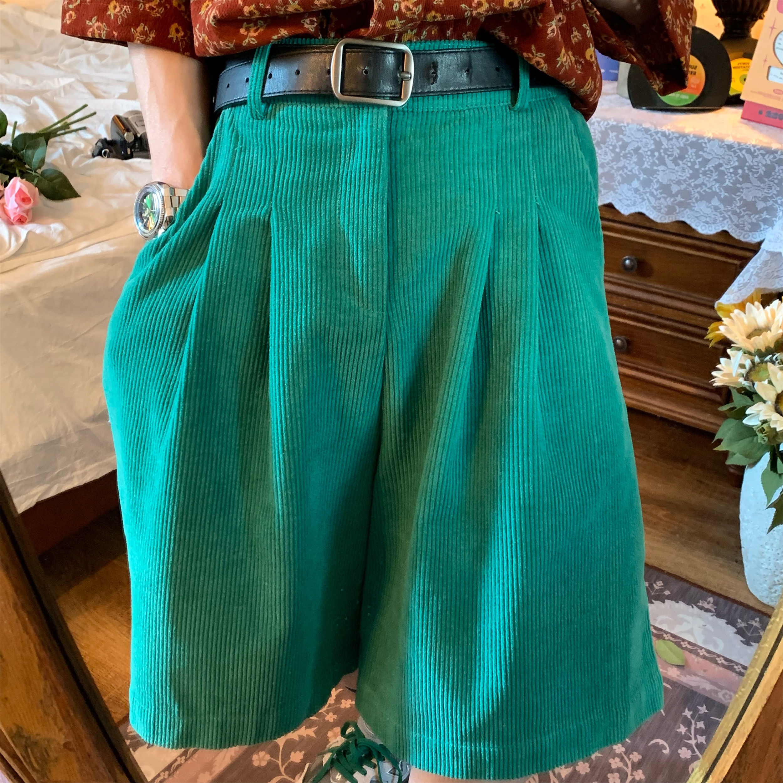 Handmade Retro Wide-Leg Corduroy Shorts for Summer - Casual Unisex Straight Pants, Versatile and Comfortable Fashion Essential