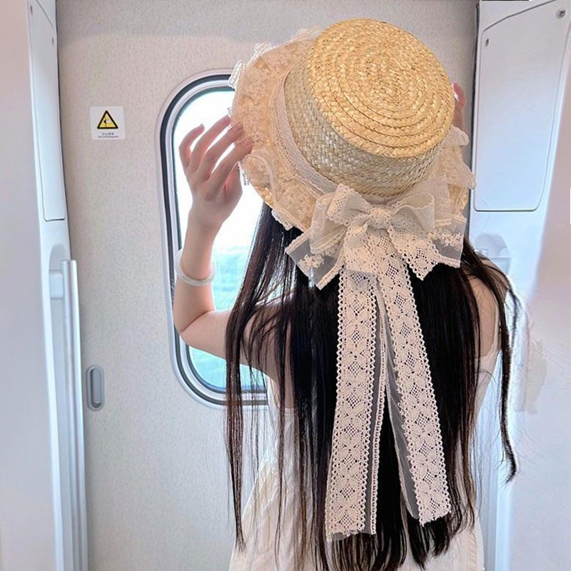 Handmade Straw Hat with Flowing Ribbons and Lace Sunshade Bow for JK Uniform Accessories - Cute Pudding Bear Style