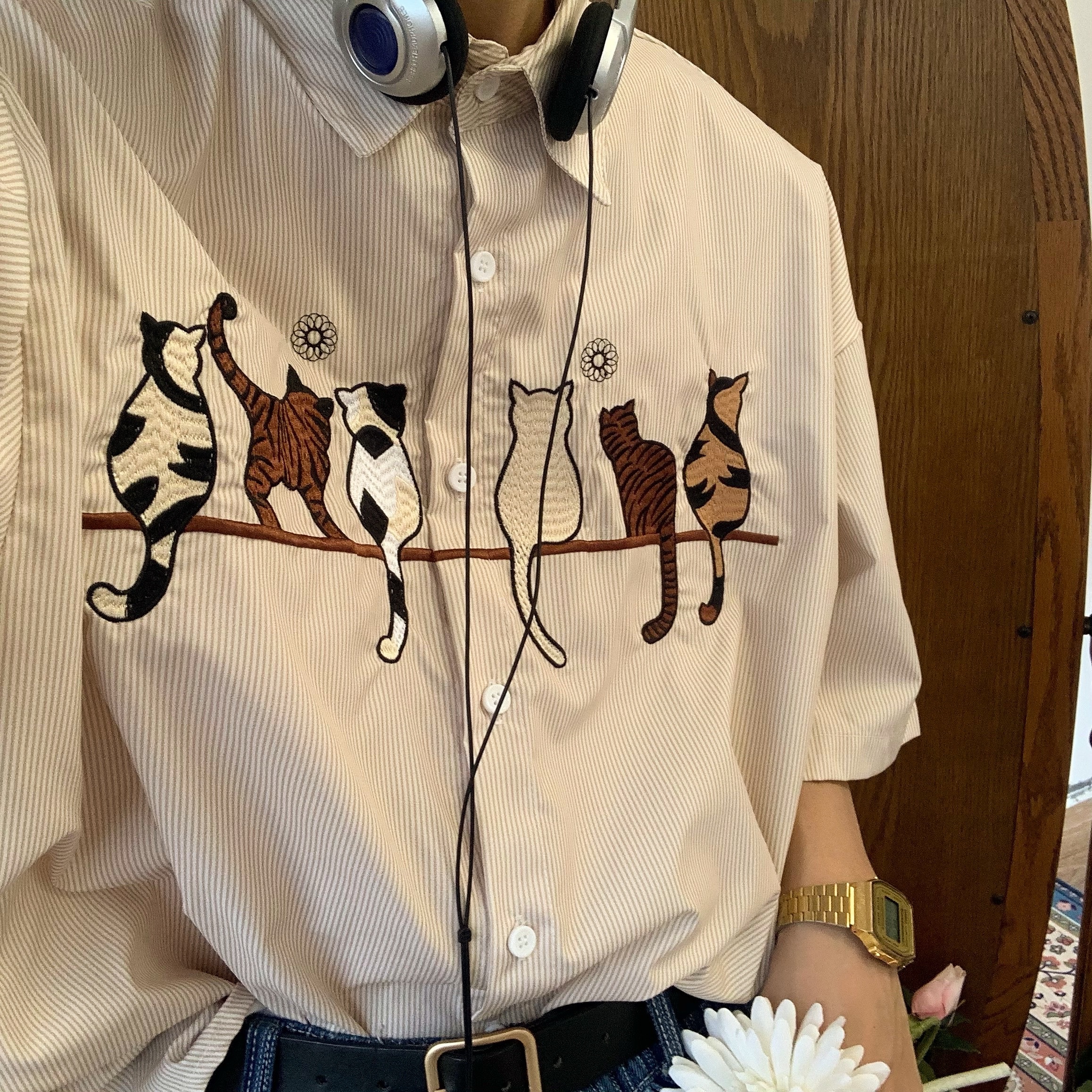 Handmade Striped Cat Embroidery Vintage Shirt - Trendy Retro Summer Top for Couples - Short Sleeve Hong Kong Style Fashion