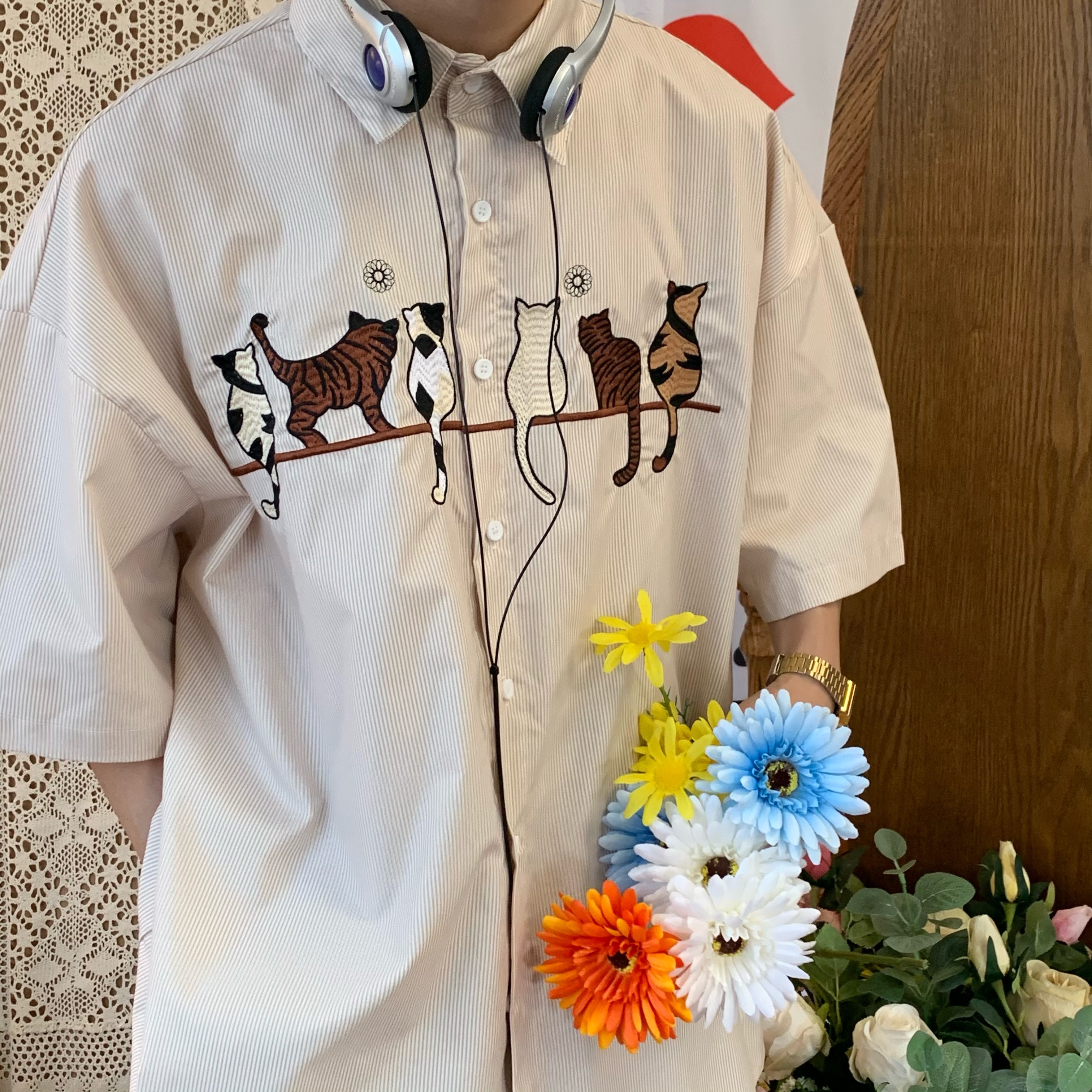 Handmade Striped Cat Embroidery Vintage Shirt - Trendy Retro Summer Top for Couples - Short Sleeve Hong Kong Style Fashion