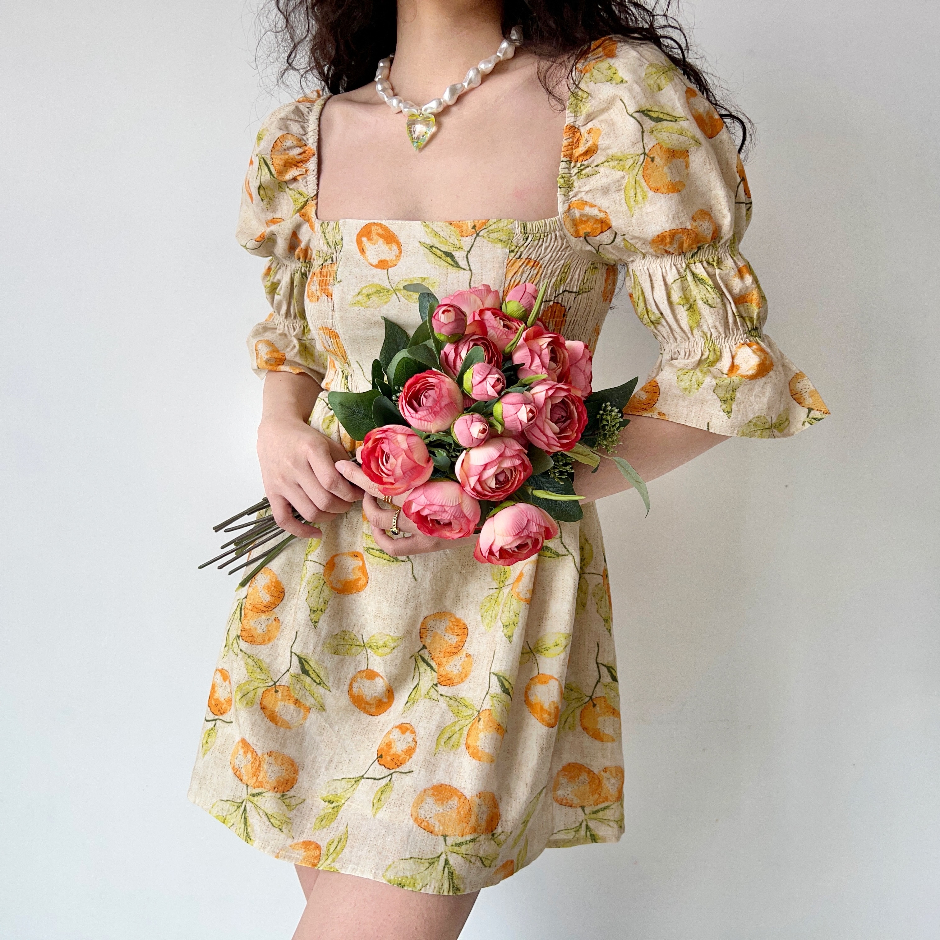 Handmade Vintage Distressed Fruit Print Square Neck Puff Sleeve Dress - Perfect for 90s and Y2K Inspired Fashion