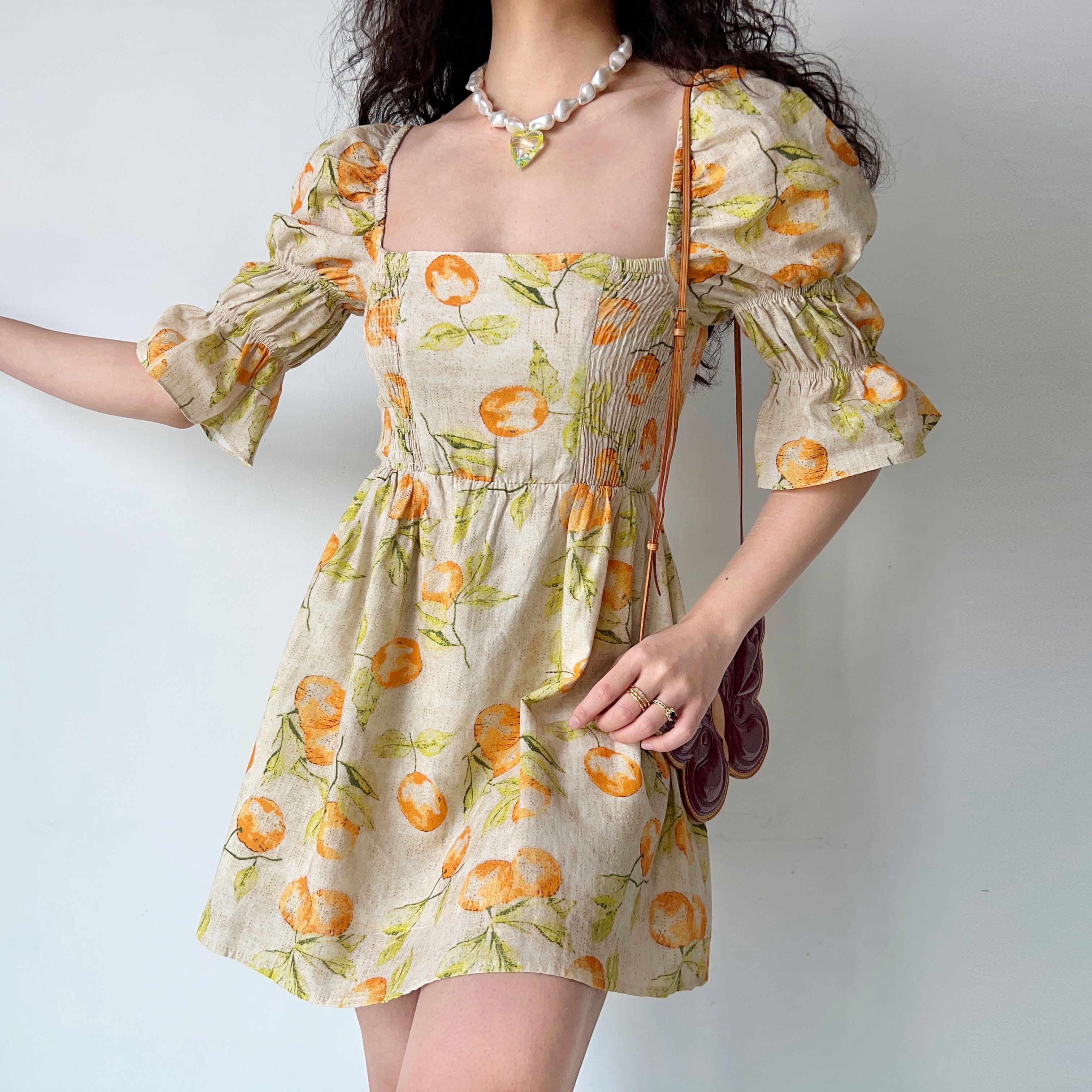 Handmade Vintage Distressed Fruit Print Square Neck Puff Sleeve Dress - Perfect for 90s and Y2K Inspired Fashion