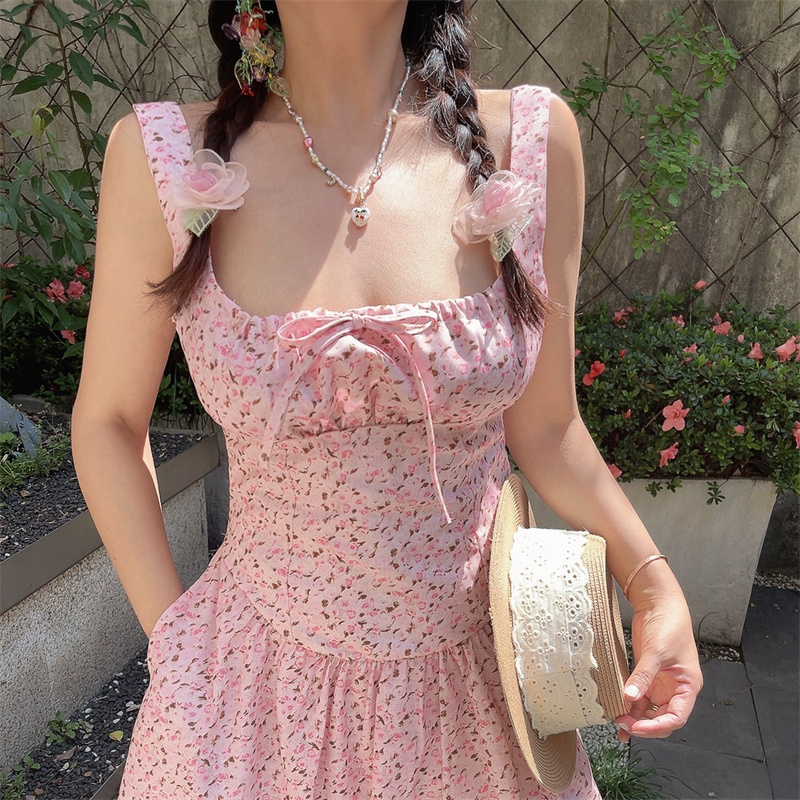 Handmade Vintage Floral Camisole Dress with Pocket - Sweet Pink Square Neck Drawstring Vacation Style, Perfect for Summer Outings