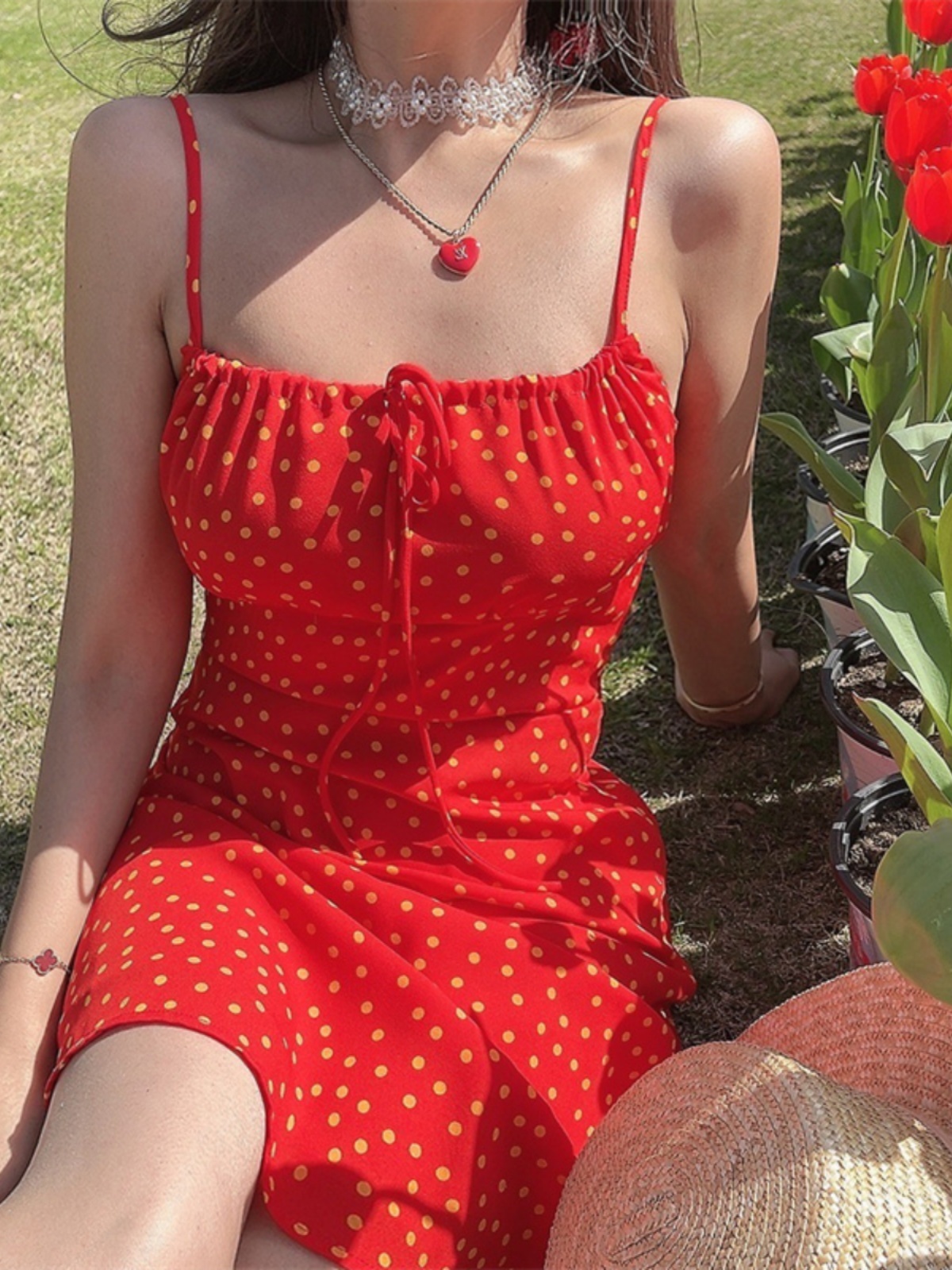 Handmade Vintage Polka Dot Little Red Dress with Drawstring Waist - Women's French Vacation Style Camisole Dress