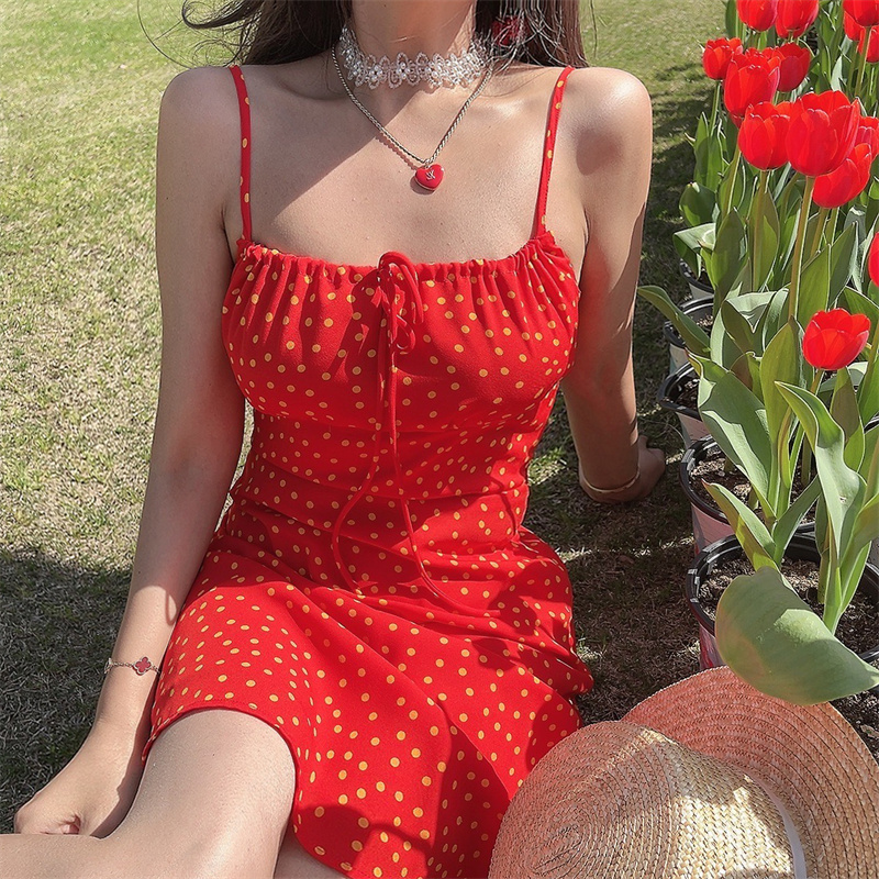 Handmade Vintage Polka Dot Little Red Dress with Drawstring Waist - Women's French Vacation Style Camisole Dress