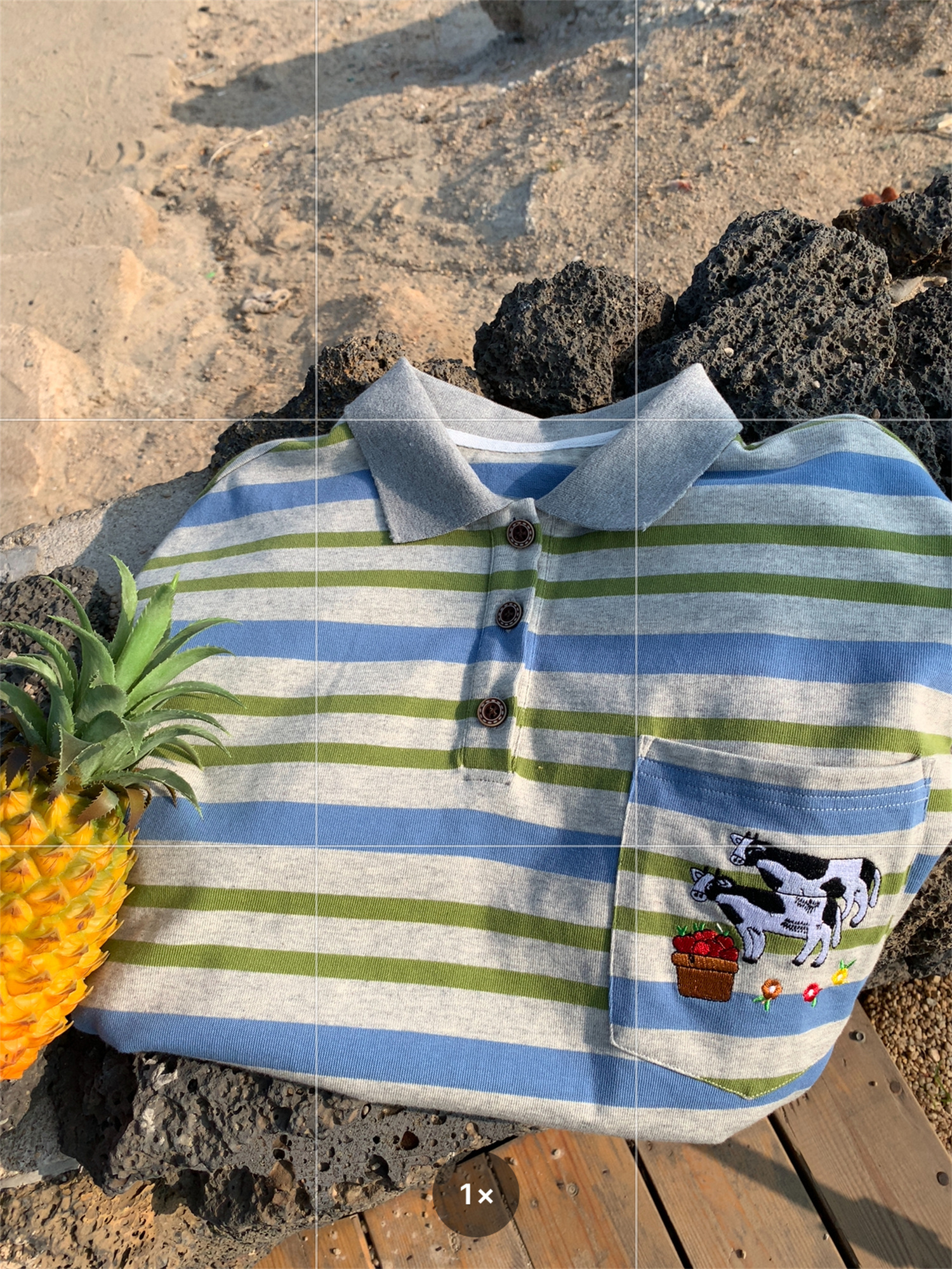 Handmade Vintage Striped Cow Embroidery Polo T-Shirt for Men and Women, Summer Loose Fit Short Sleeve Top, Trendy Casual Style