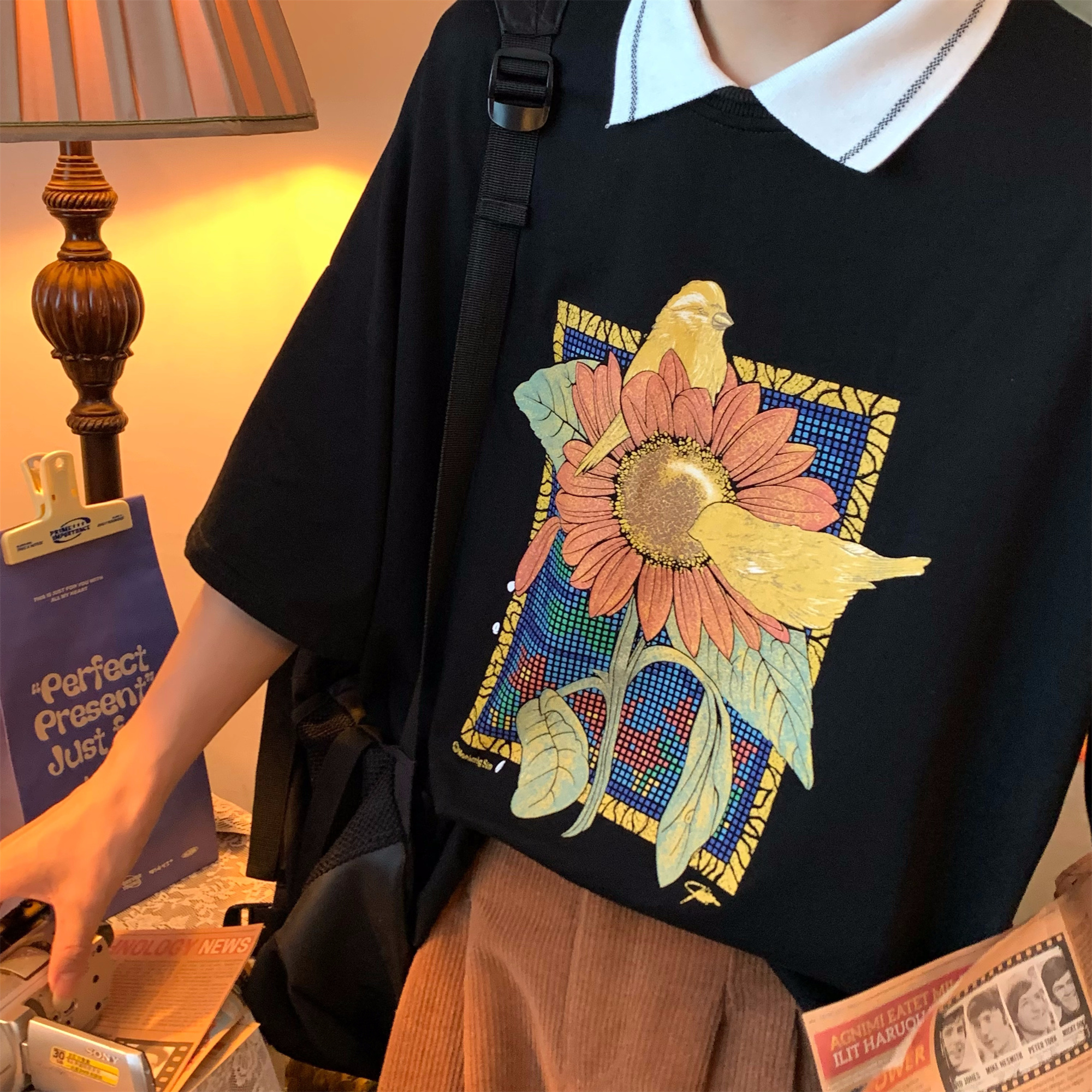 Handmade Vintage Sunflower Floral Collared Short Sleeve Polo Shirt for Unisex - Loose Fit Half Sleeve Top, Perfect for 90s and Y2K Style