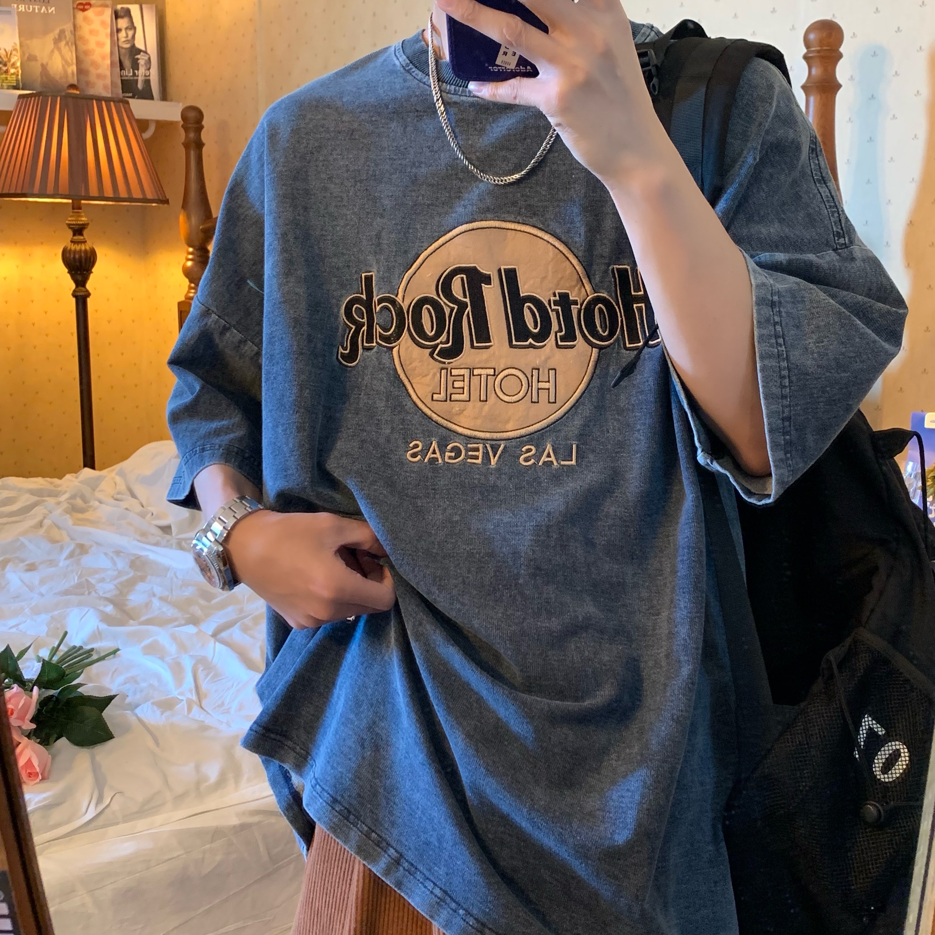 Handmade Wash-Distressed Denim Rock Style Loose Short Sleeve T-Shirt for Summer 2024, Casual Y2K Fashion