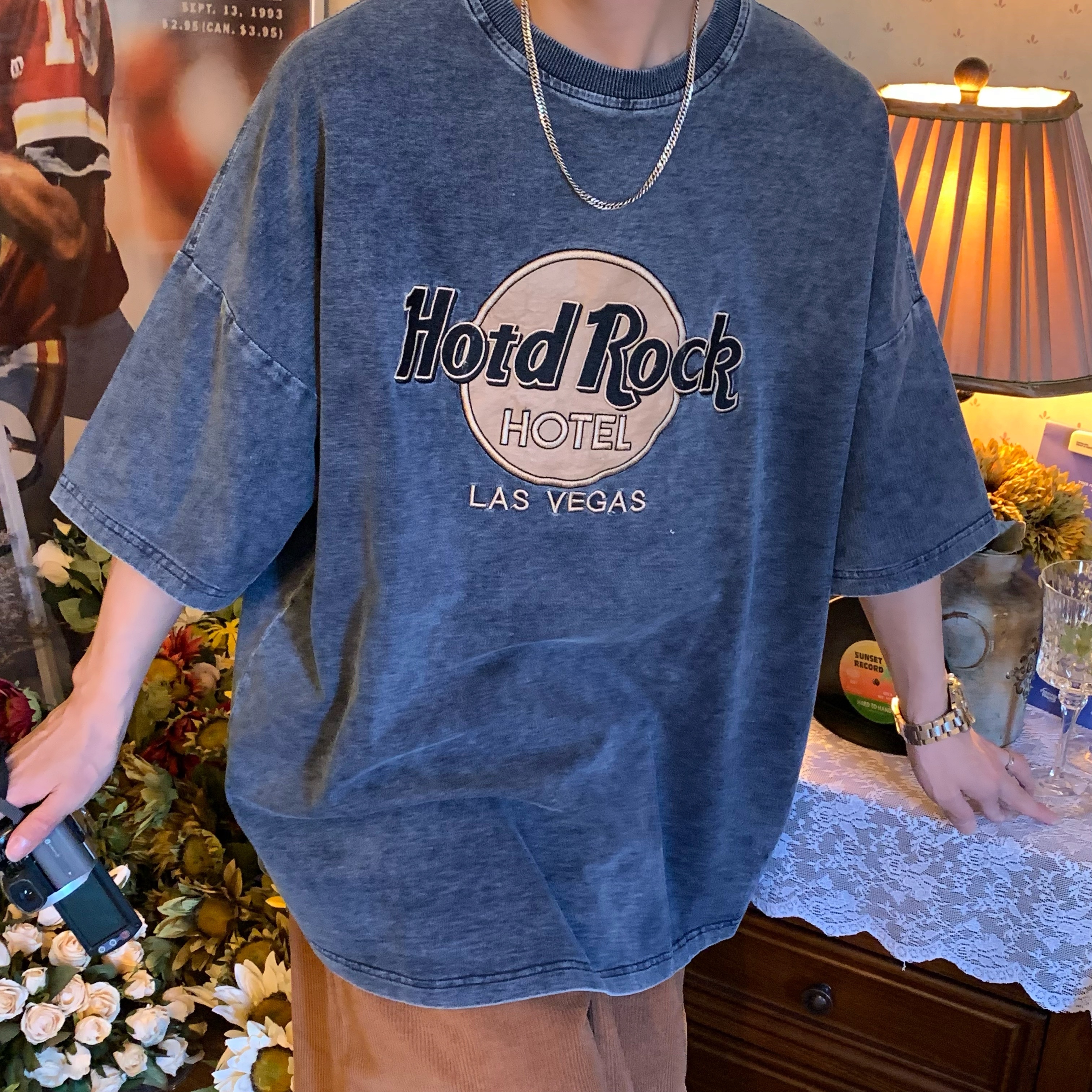 Handmade Wash-Distressed Denim Rock Style Loose Short Sleeve T-Shirt for Summer 2024, Casual Y2K Fashion