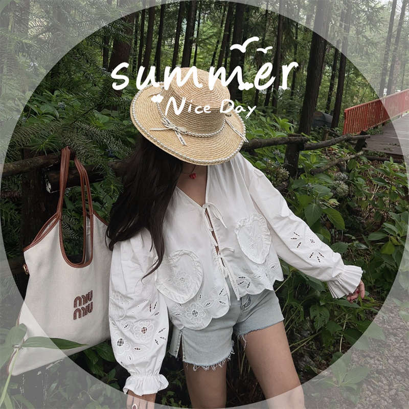 Handmade White Lantern Sleeve Shirt for Women with Embroidered Hollow Flower Design - Perfect for Vacation & 90s Aesthetic