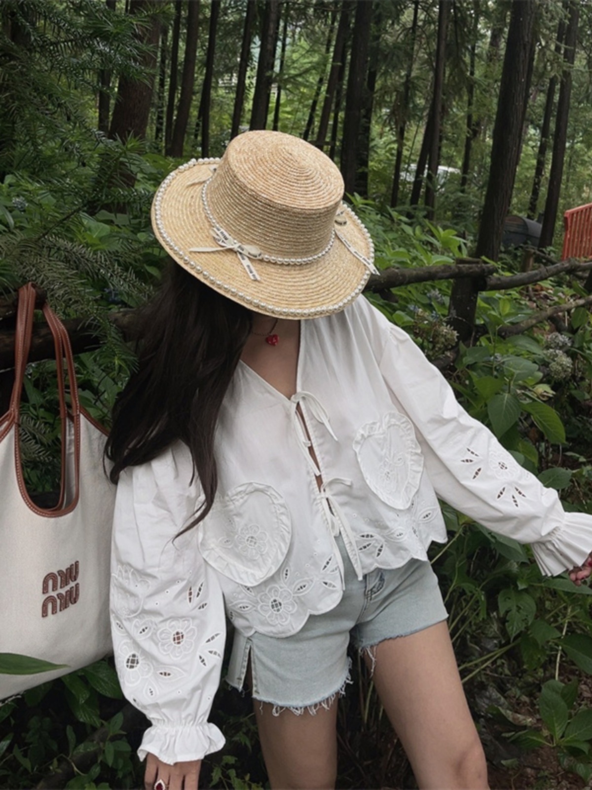 Handmade White Lantern Sleeve Shirt for Women with Embroidered Hollow Flower Design - Perfect for Vacation & 90s Aesthetic