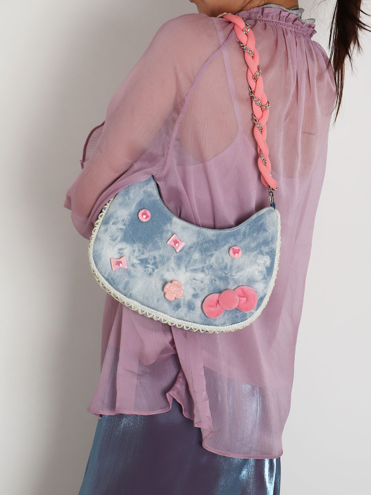 Handmade Woven Chain Crossbody Bag for Women - Cute Cat Cowboy Design, 2025 New Pink Underarm Bag, Stylish Y2K Fashion