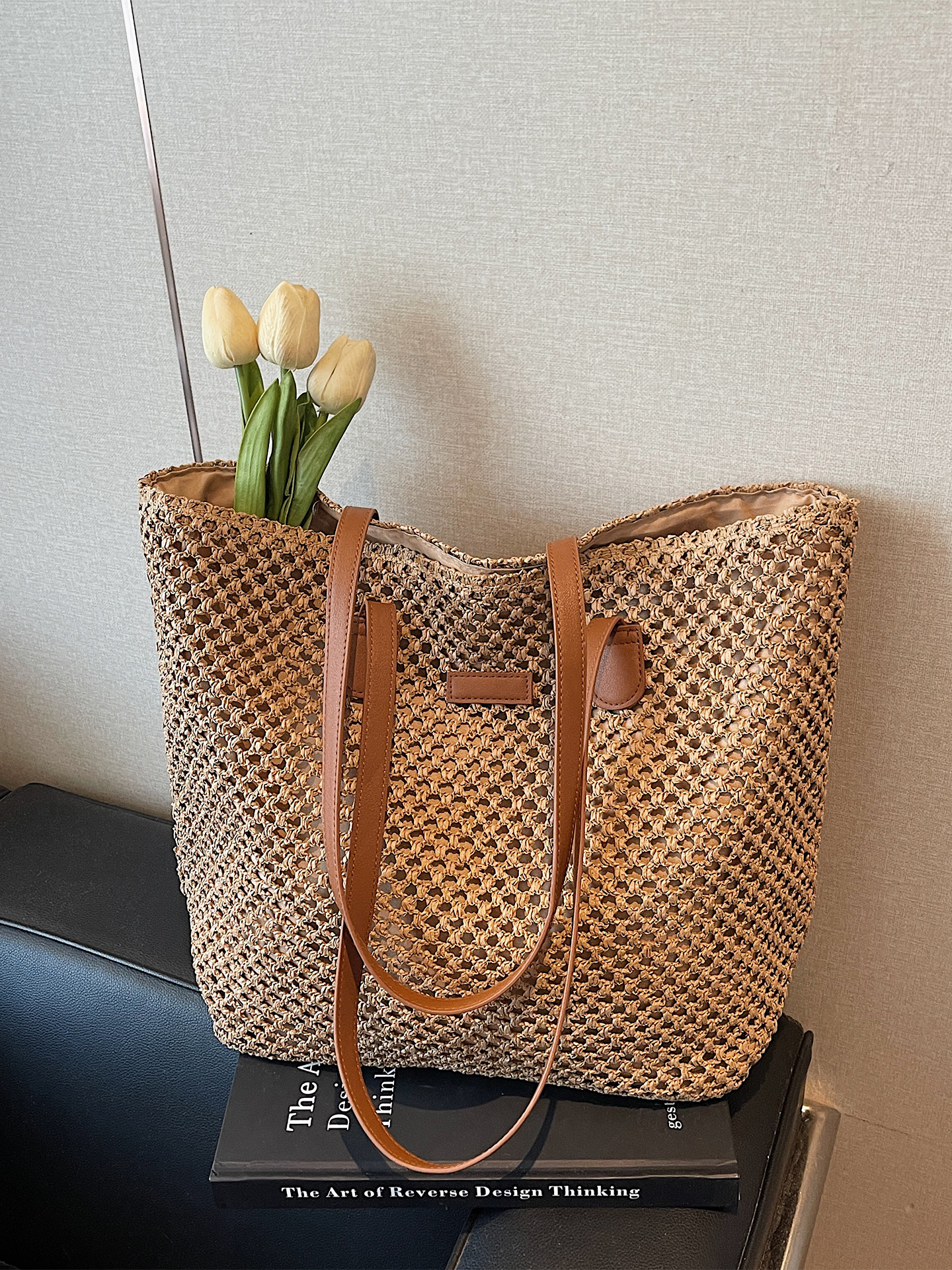 Handwoven Straw Tote Bag for Women, Large Capacity, Trendy Beach Vacation Shoulder Bag, 2025 Style