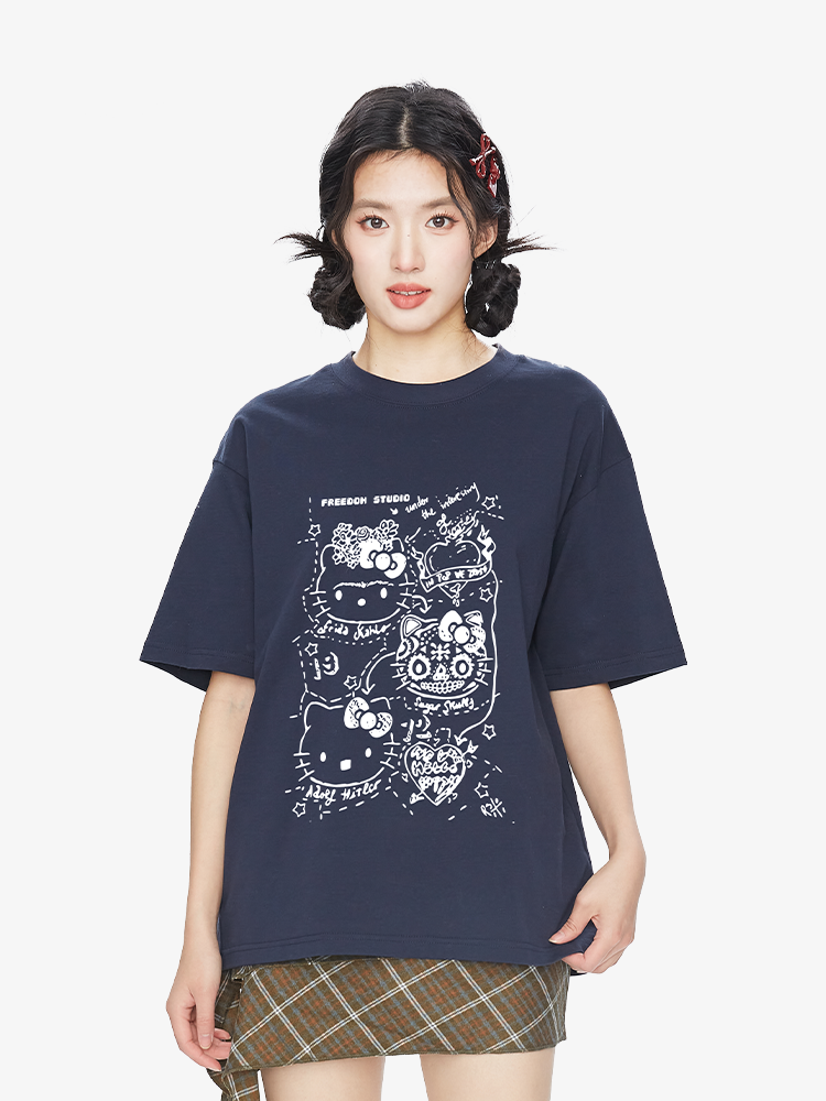 Harajuku Style Hello Kitty Printed Short-Sleeve T-Shirt for Women, Summer Loose Pure Cotton Top, Trendy Casual Wear