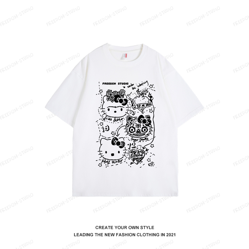 Harajuku Style Hello Kitty Printed Short-Sleeve T-Shirt for Women, Summer Loose Pure Cotton Top, Trendy Casual Wear