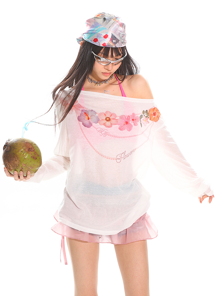 Hawaiian Floral Loose Sun Protection Cover-Up for Women - Sheer Long Sleeve Top for Summer Vacation Style