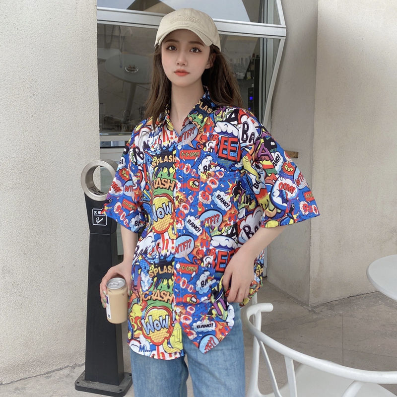 Hawaiian Floral Short Sleeve Shirt for Women - Loose Fit Beach Top in Hong Kong Style for Seaside Vacation