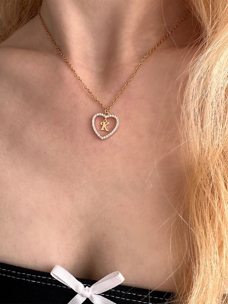 Heart Hollow 26 Letters Pendant Necklace - Copper Zircon & Stainless Steel Chain, Heart-Shaped Titanium Steel Jewelry