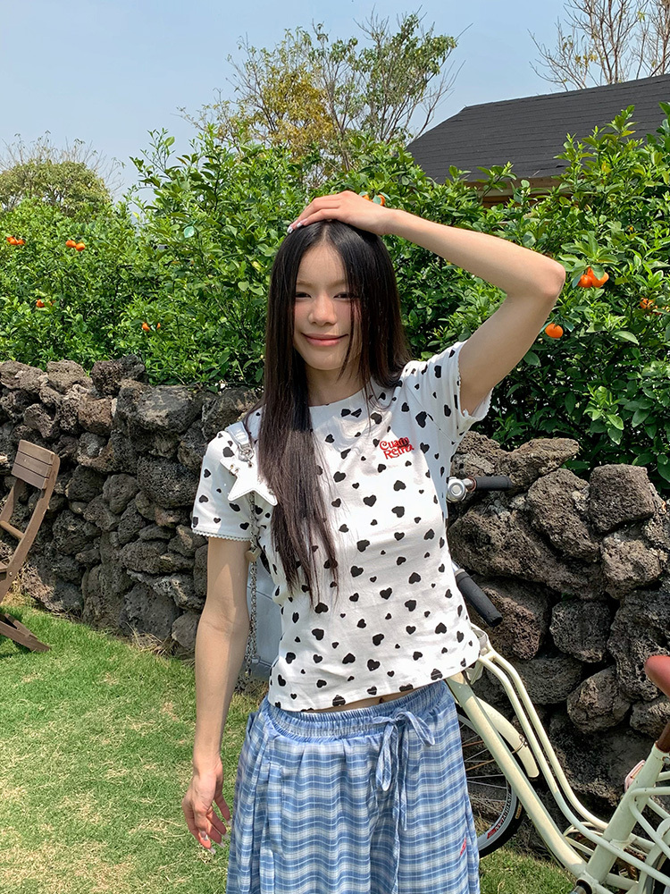 Heart Polka Dot Short Sleeve T-Shirt for Women - Slim Fit American Style Top for Spring and Summer