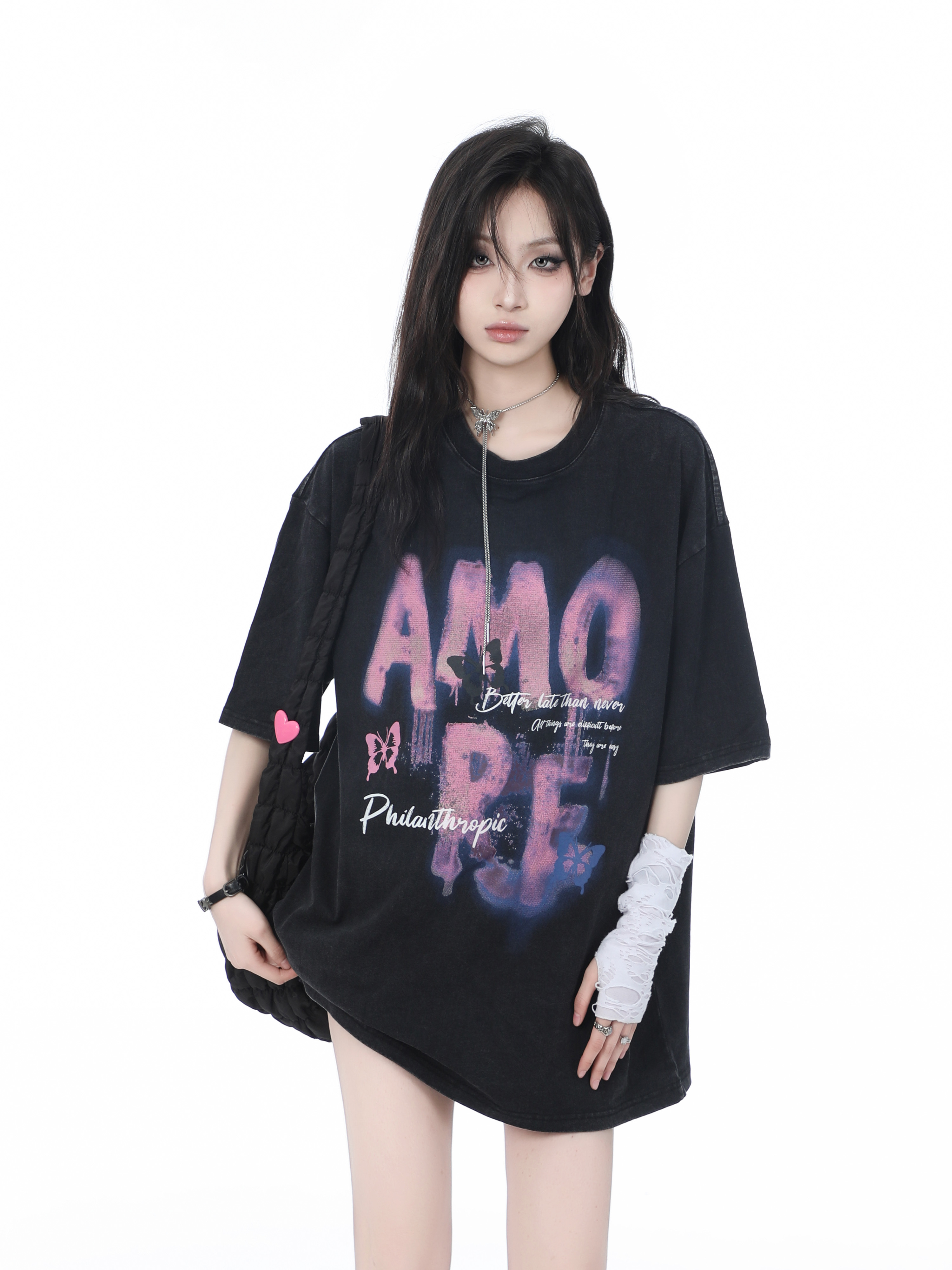 Heavy-Duty Washed Cotton Short-Sleeve T-Shirt for Women - American Trendy Summer Loose Fit, INS Style, Casual Mountain Print