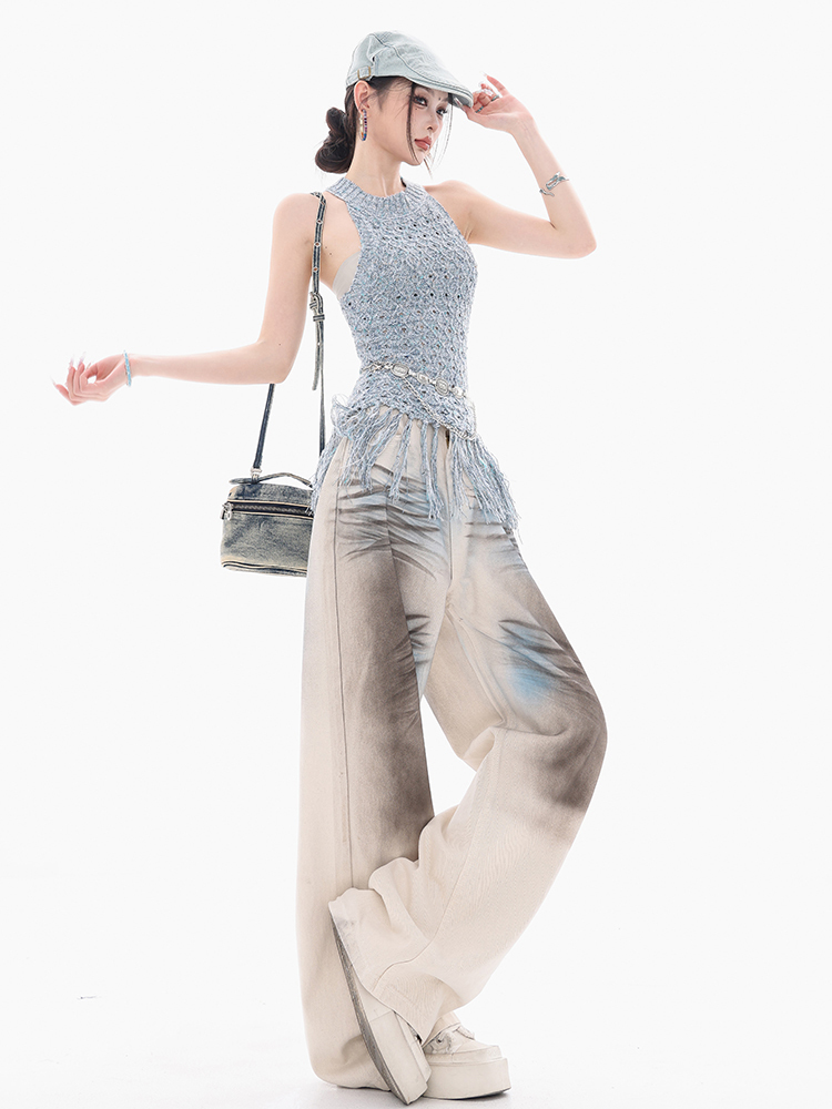 Heavy Wash Tie-Dye Denim Pants for Women - Loose Draped Straight-Leg Wide-Leg Trousers, Y2K Fashion, Casual Street Style