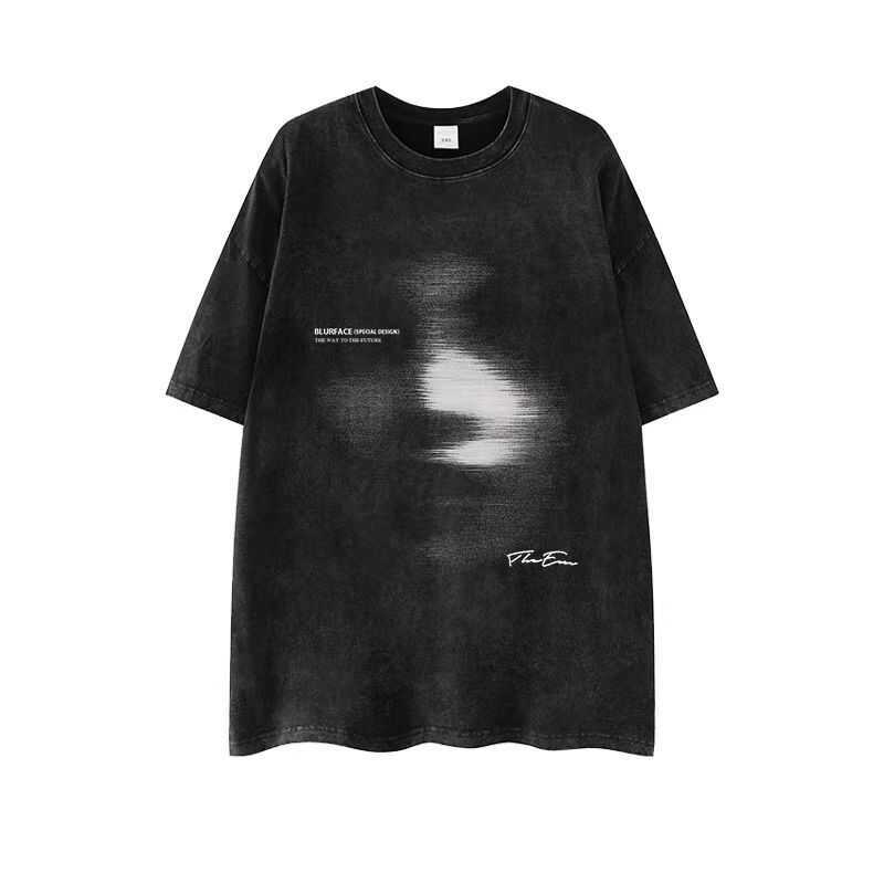Heavyweight 260g Hip-Hop Dark Abstract Washed Vintage Pure Cotton Loose Short-Sleeve T-Shirt - European American Trendy Style