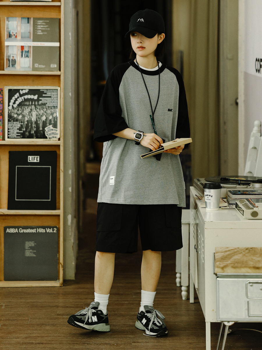 Heavyweight 280g Patchwork Retro T-Shirt for Men, Raglan Sleeve Loose Japanese Style Short Sleeve Top, Summer Trend 90s Fashion