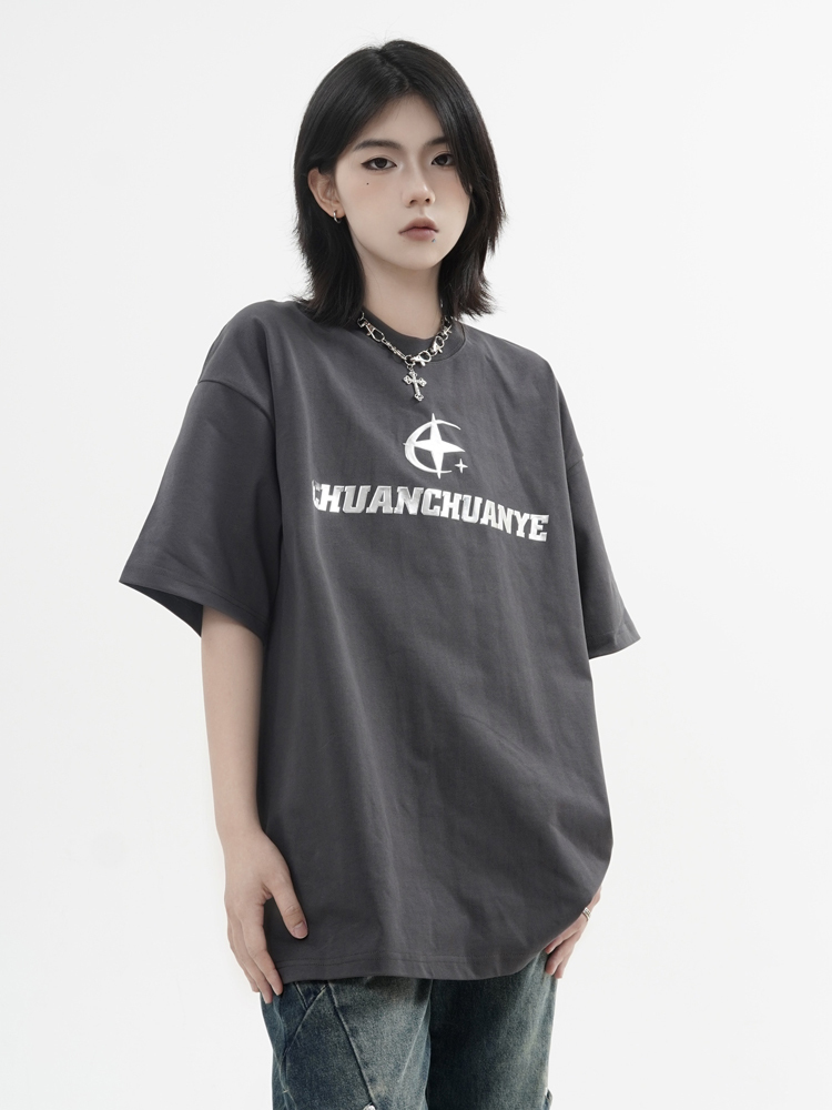 Heavyweight American Street Style Short Sleeve T-Shirt for Men & Women, Loose Fit with Small Collar, Trendy 90s Inspired Fashion.